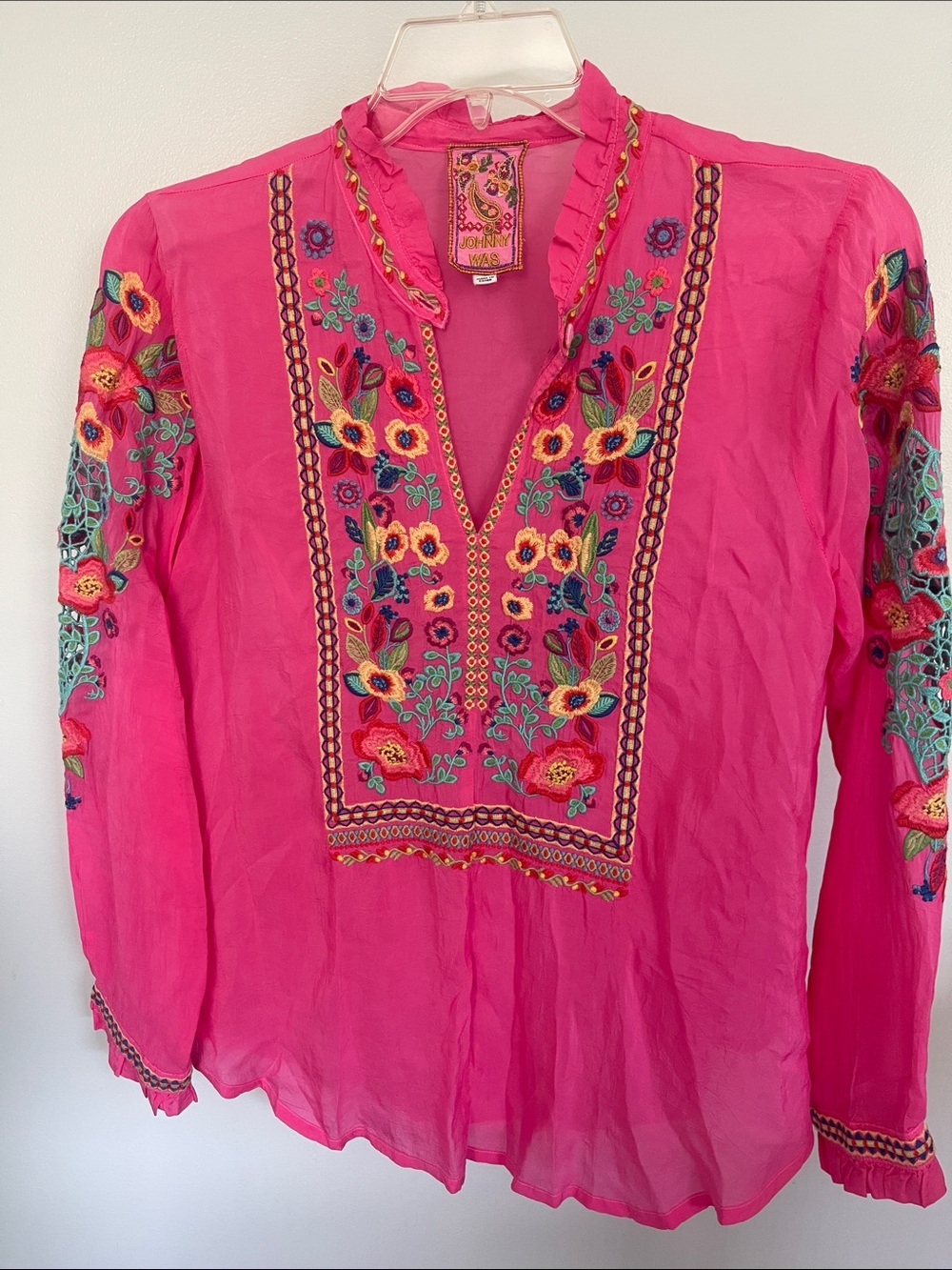 Johnny Was Hot Pink Embroidered Floral Boho Blouse